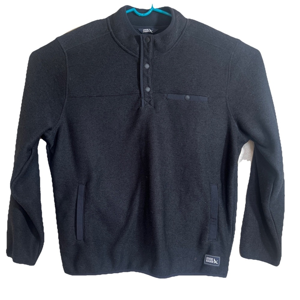 Eddie Bauer Mens XL Black Fleece Snap Neck Pullover Quarter Button Jacket